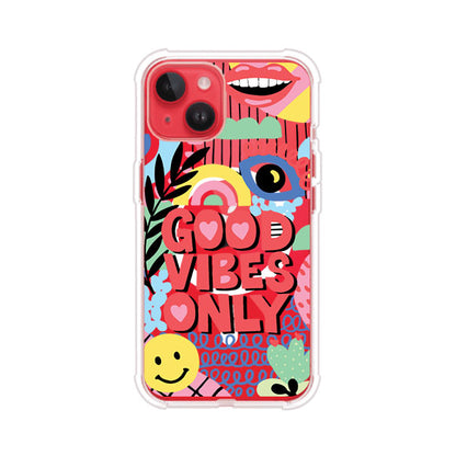 Funda personalizada para iPhone con diseño colorido estilo pop art y frase Good Vibes Only. Ideal para expresar energía positiva. Producto de Remark MX