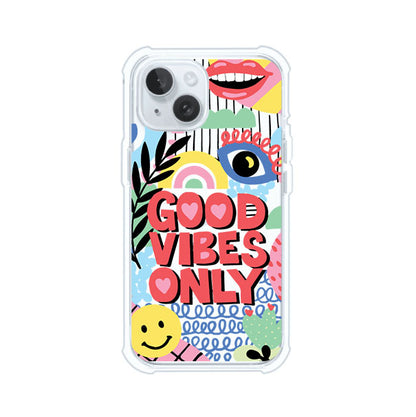 Funda personalizada para iPhone con diseño colorido estilo pop art y frase Good Vibes Only. Ideal para expresar energía positiva. Producto de Remark MX