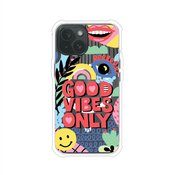 Funda personalizada para iPhone con diseño colorido estilo pop art y frase Good Vibes Only. Ideal para expresar energía positiva. Producto de Remark MX