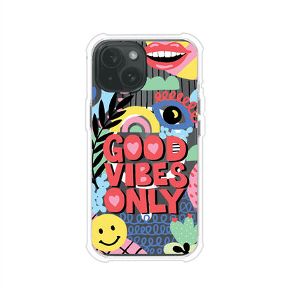 Funda personalizada para iPhone con diseño colorido estilo pop art y frase Good Vibes Only. Ideal para expresar energía positiva. Producto de Remark MX