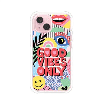 Funda personalizada para iPhone con diseño colorido estilo pop art y frase Good Vibes Only. Ideal para expresar energía positiva. Producto de Remark MX
