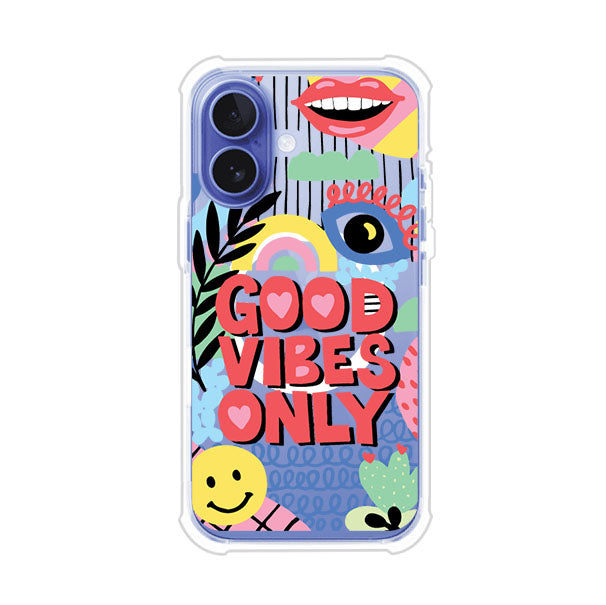 Funda personalizada para iPhone con diseño colorido estilo pop art y frase Good Vibes Only. Ideal para expresar energía positiva. Producto de Remark MX