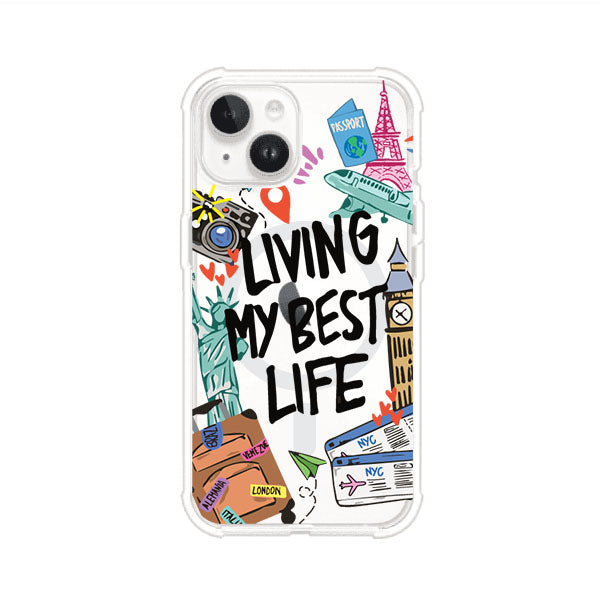 Funda personalizada para iPhone con frase 'Living My Best Life' y diseño de elementos viajeros como maletas, torre Eiffel, Big Ben y boletos de avión; producto de Remark MX