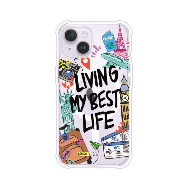 Funda personalizada para iPhone con frase 'Living My Best Life' y diseño de elementos viajeros como maletas, torre Eiffel, Big Ben y boletos de avión; producto de Remark MX