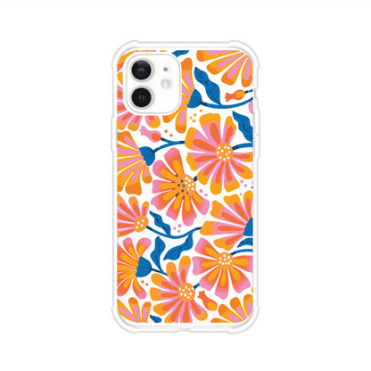 Funda personalizada para iPhone con diseño floral estilo Sunset Blossom en tonos naranjas, rosas y azules. Ideal para primavera/verano, producto de Remark MX