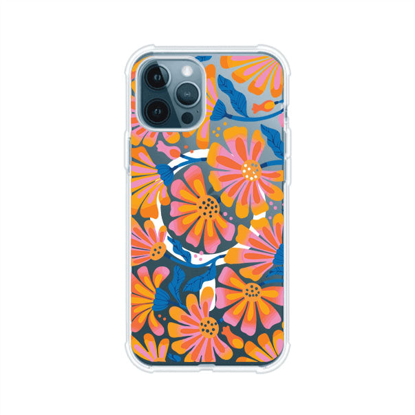 Funda personalizada para iPhone con diseño floral estilo Sunset Blossom en tonos naranjas, rosas y azules. Ideal para primavera/verano, producto de Remark MX
