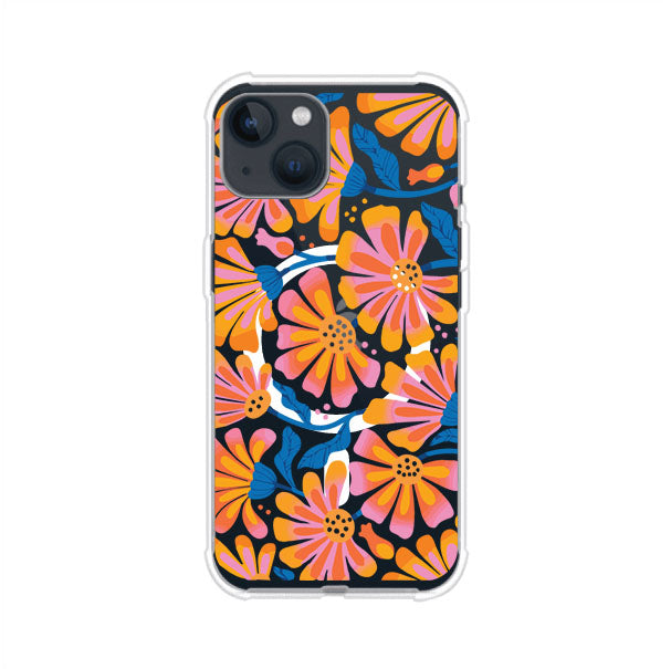 Funda personalizada para iPhone con diseño floral estilo Sunset Blossom en tonos naranjas, rosas y azules. Ideal para primavera/verano, producto de Remark MX