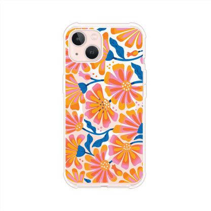 Funda personalizada para iPhone con diseño floral estilo Sunset Blossom en tonos naranjas, rosas y azules. Ideal para primavera/verano, producto de Remark MX
