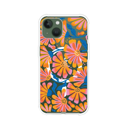 Funda personalizada para iPhone con diseño floral estilo Sunset Blossom en tonos naranjas, rosas y azules. Ideal para primavera/verano, producto de Remark MX