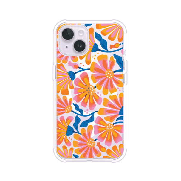 Funda personalizada para iPhone con diseño floral estilo Sunset Blossom en tonos naranjas, rosas y azules. Ideal para primavera/verano, producto de Remark MX