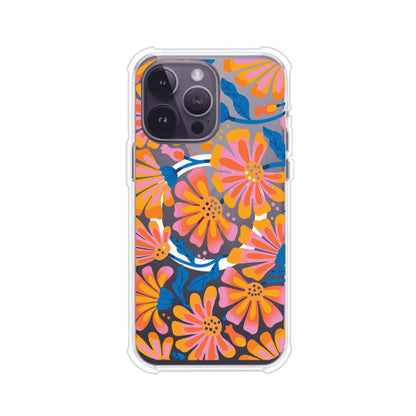 Funda personalizada para iPhone con diseño floral estilo Sunset Blossom en tonos naranjas, rosas y azules. Ideal para primavera/verano, producto de Remark MX