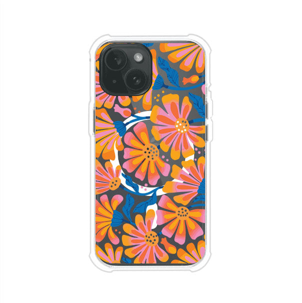 Funda personalizada para iPhone con diseño floral estilo Sunset Blossom en tonos naranjas, rosas y azules. Ideal para primavera/verano, producto de Remark MX