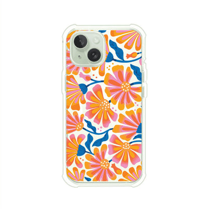 Funda personalizada para iPhone con diseño floral estilo Sunset Blossom en tonos naranjas, rosas y azules. Ideal para primavera/verano, producto de Remark MX