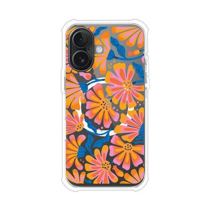 Funda personalizada para iPhone con diseño floral estilo Sunset Blossom en tonos naranjas, rosas y azules. Ideal para primavera/verano, producto de Remark MX