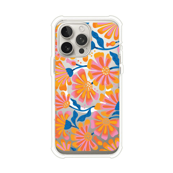 Funda personalizada para iPhone con diseño floral estilo Sunset Blossom en tonos naranjas, rosas y azules. Ideal para primavera/verano, producto de Remark MX
