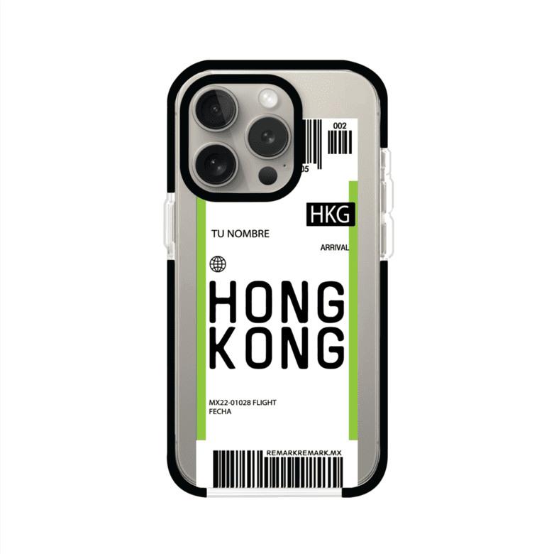 Funda personalizada estilo pase de abordar con diseño de Hong Kong y código HKG, personalizable con nombre y datos de vuelo; producto de Remark MX para iPhone