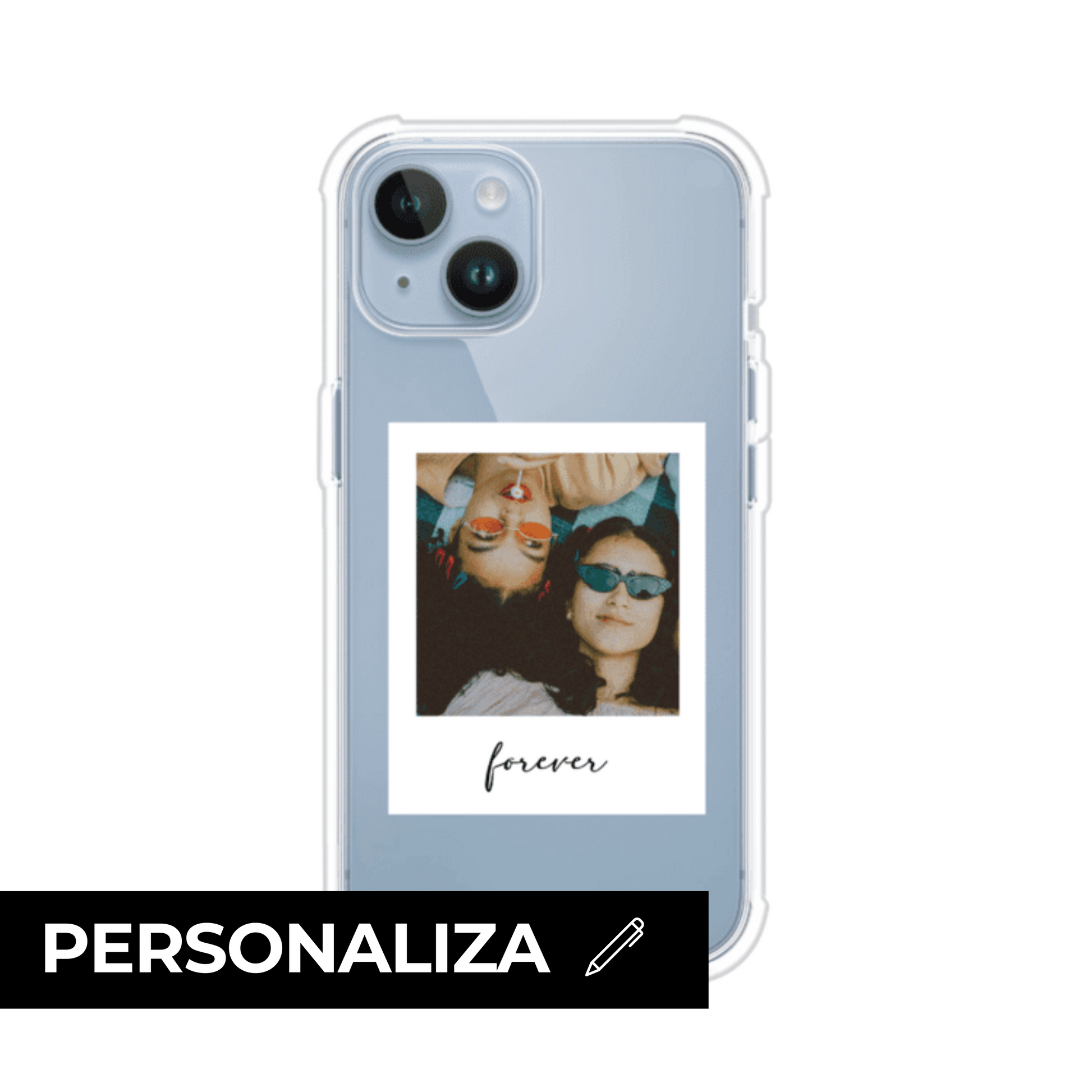Funda transparente para celular con ilustración personalizada en estilo polaroid minimalista con texto, sobre funda premium, alto impacto y magsafe de Remark Mx
