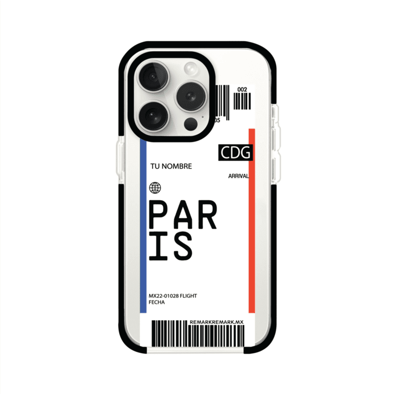 Funda personalizada estilo pase de abordar con diseño de París y código CDG, personalizable con nombre y datos de vuelo; producto de Remark MX para iPhone