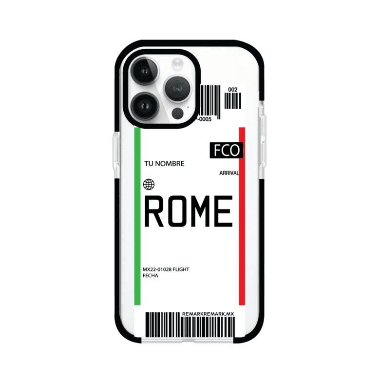 Funda personalizada estilo pase de abordar con diseño de Roma y código FCO, personalizable con nombre y datos de vuelo; producto de Remark MX para iPhone