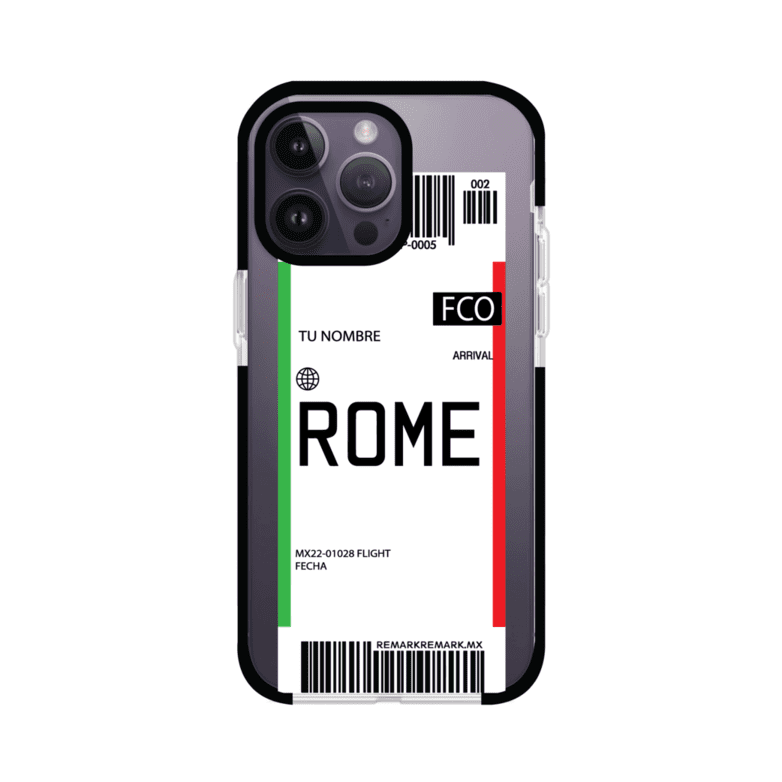 Funda personalizada estilo pase de abordar con diseño de Roma y código FCO, personalizable con nombre y datos de vuelo; producto de Remark MX para iPhone