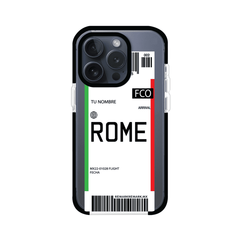 Funda personalizada estilo pase de abordar con diseño de Roma y código FCO, personalizable con nombre y datos de vuelo; producto de Remark MX para iPhone