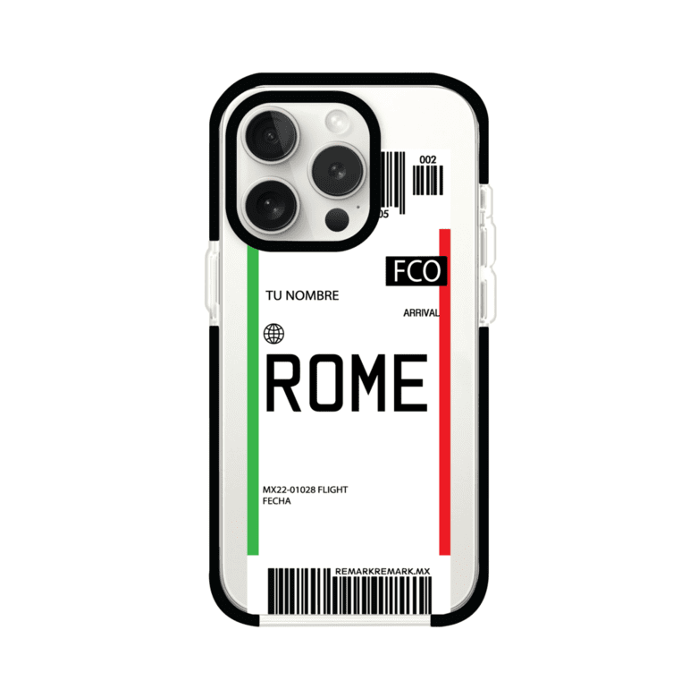 Funda personalizada estilo pase de abordar con diseño de Roma y código FCO, personalizable con nombre y datos de vuelo; producto de Remark MX para iPhone