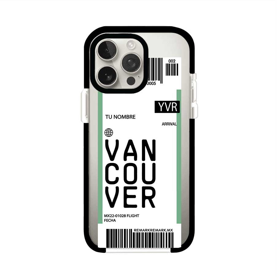 Funda personalizada estilo pase de abordar con diseño de Vancouver y código YVR, personalizable con nombre y datos de vuelo; producto de Remark MX para iPhone
