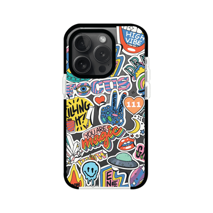 Funda para iPhone con diseño de stickers coloridos con frases motivacionales y energías positivas – Remark Mx