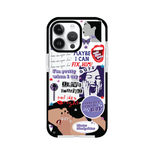 Funda transparente para iPhone con diseño tipo collage inspirado en el álbum GUTS de Olivia Rodrigo – Remark Mx