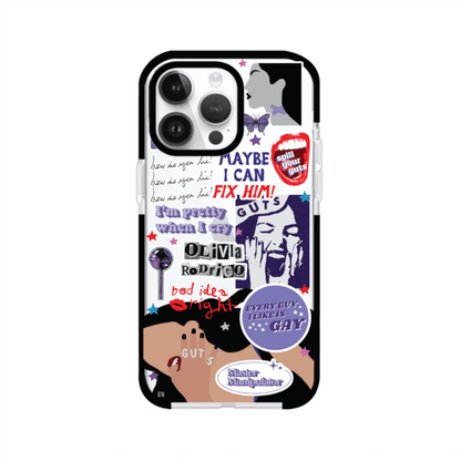 Funda transparente para iPhone con diseño tipo collage inspirado en el álbum GUTS de Olivia Rodrigo – Remark Mx