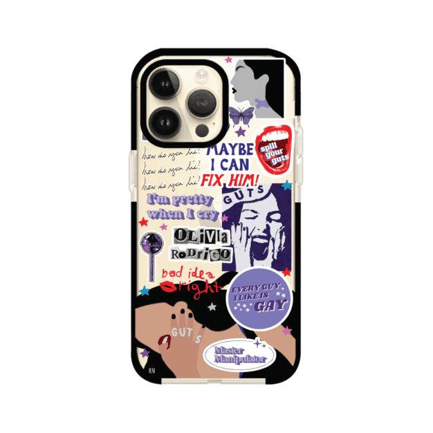 Funda transparente para iPhone con diseño tipo collage inspirado en el álbum GUTS de Olivia Rodrigo – Remark Mx