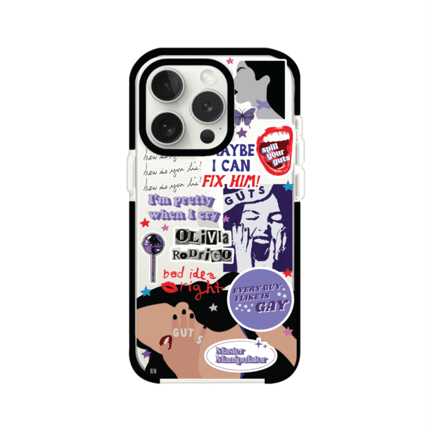 Funda transparente para iPhone con diseño tipo collage inspirado en el álbum GUTS de Olivia Rodrigo – Remark Mx