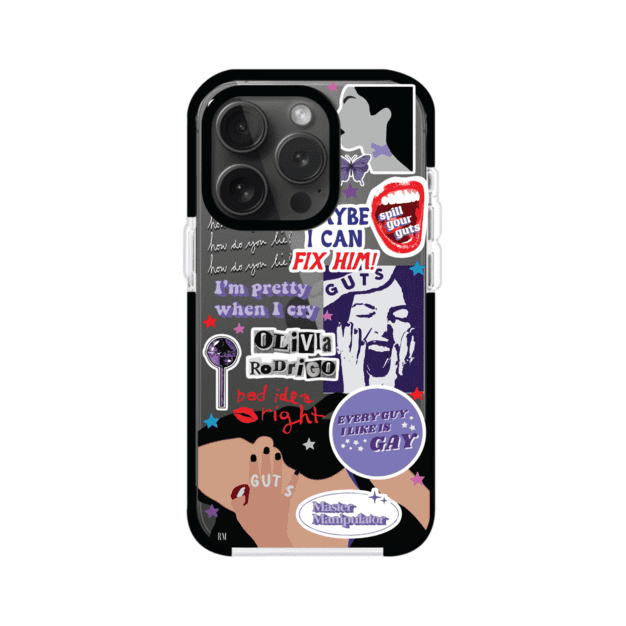 Funda transparente para iPhone con diseño tipo collage inspirado en el álbum GUTS de Olivia Rodrigo – Remark Mx
