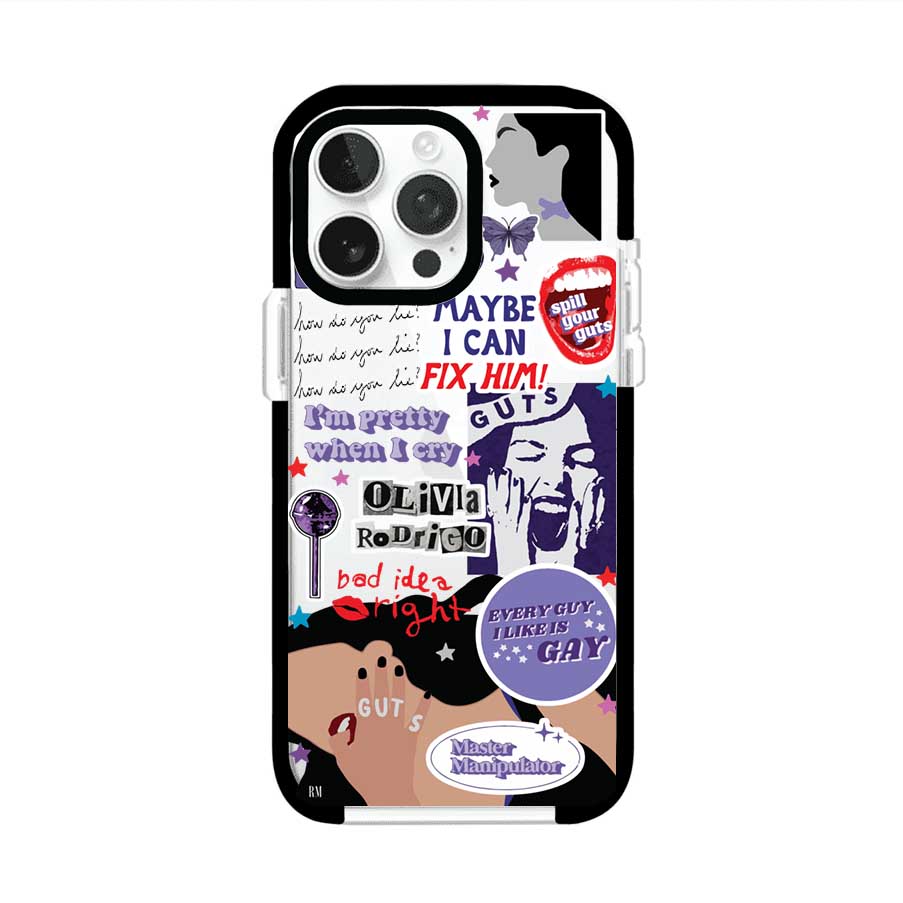 Funda transparente para iPhone con diseño tipo collage inspirado en el álbum GUTS de Olivia Rodrigo – Remark Mx