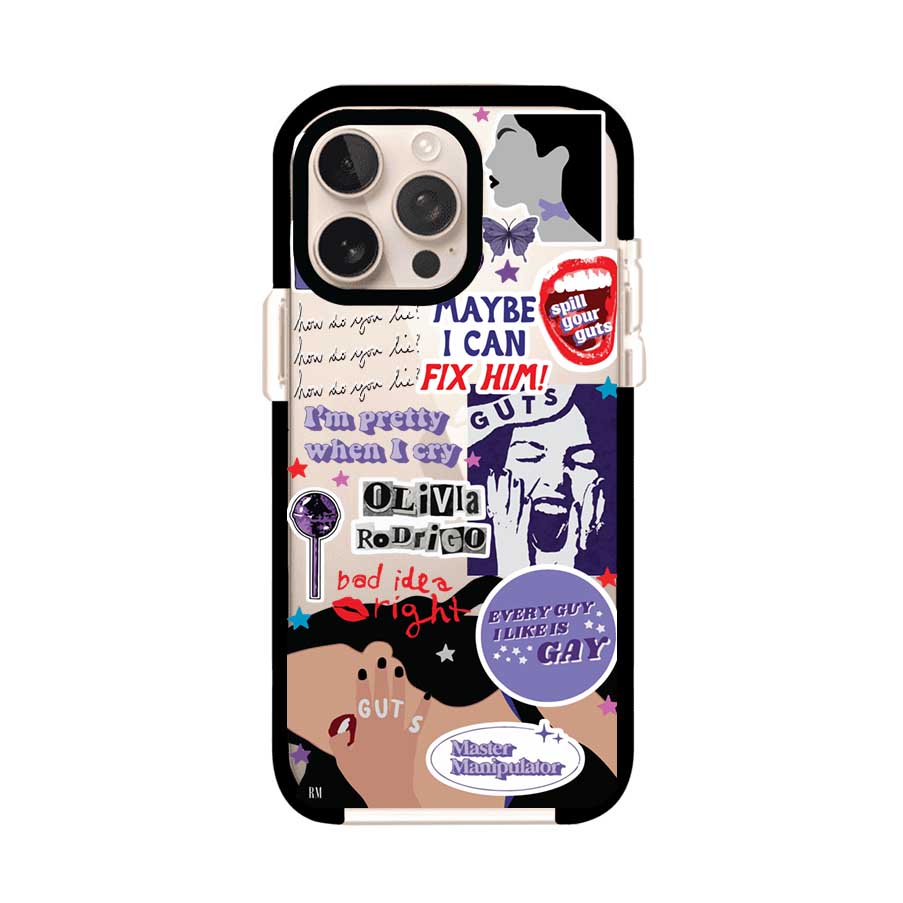 Funda transparente para iPhone con diseño tipo collage inspirado en el álbum GUTS de Olivia Rodrigo – Remark Mx