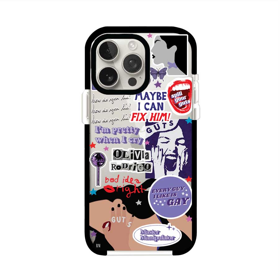 Funda transparente para iPhone con diseño tipo collage inspirado en el álbum GUTS de Olivia Rodrigo – Remark Mx