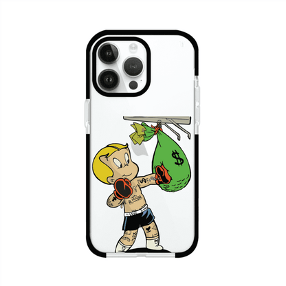 Funda para iPhone con dibujo de Richie Rich como boxeador sosteniendo una bolsa de dinero sobre fondo rojo – Remark Mx