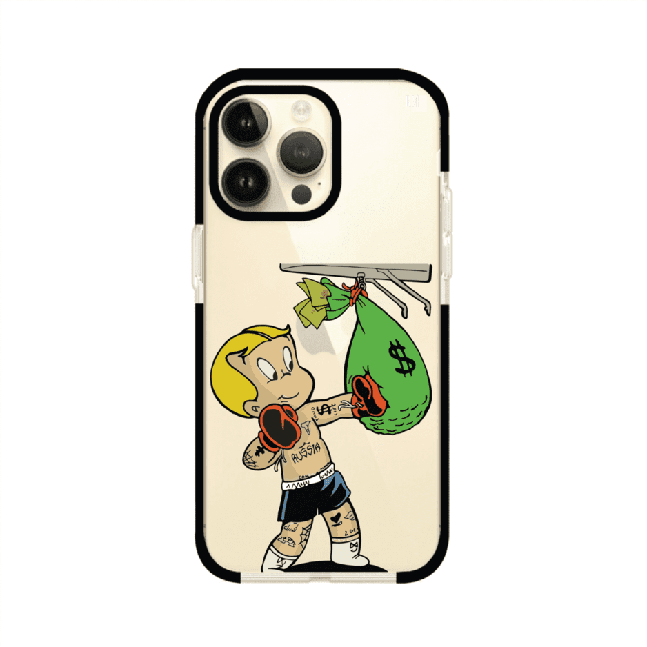 Funda para iPhone con dibujo de Richie Rich como boxeador sosteniendo una bolsa de dinero sobre fondo rojo – Remark Mx