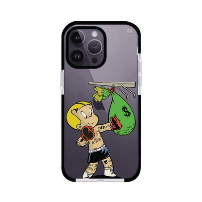 Funda para iPhone con dibujo de Richie Rich como boxeador sosteniendo una bolsa de dinero sobre fondo rojo – Remark Mx