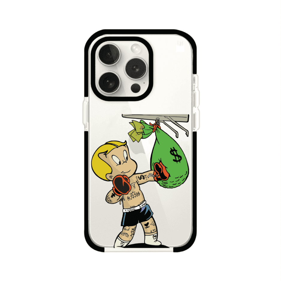 Funda para iPhone con dibujo de Richie Rich como boxeador sosteniendo una bolsa de dinero sobre fondo rojo – Remark Mx