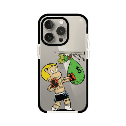 Funda para iPhone con dibujo de Richie Rich como boxeador sosteniendo una bolsa de dinero sobre fondo rojo – Remark Mx