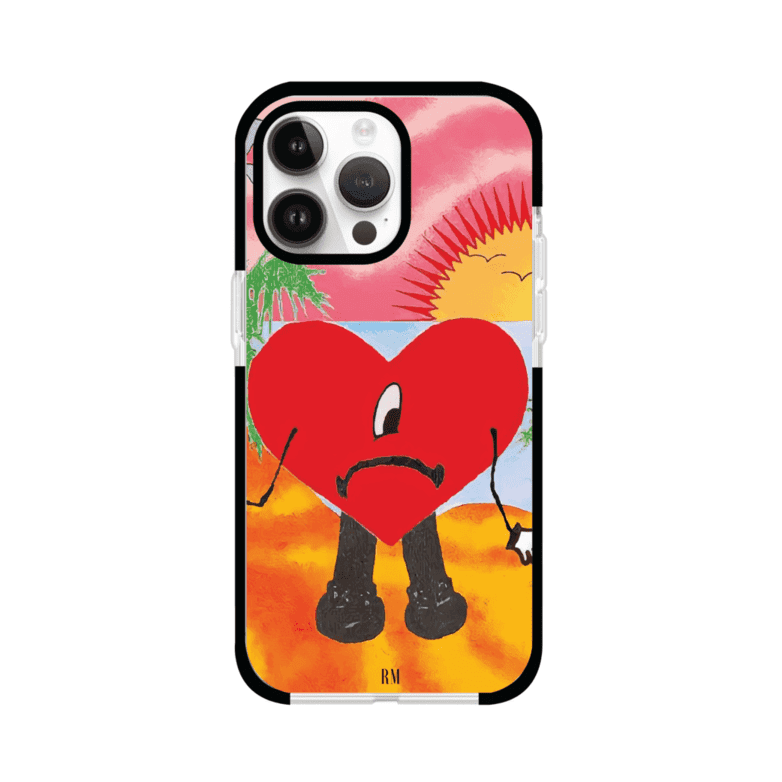 Funda para iPhone inspirada en el álbum "Un Verano Sin Ti" de Bad Bunny. Diseño con fondo de playa, palmeras, atardecer, delfines y el icónico corazón triste con piernas. Estilo colorido, urbano y veraniego. Producto de Remark Mx