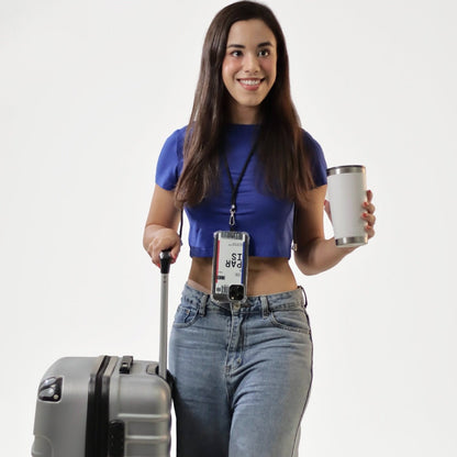 Correa crossbody negra para celular, ajustable y con clips metálicos con modelo, compatible con fundas de Remark MX