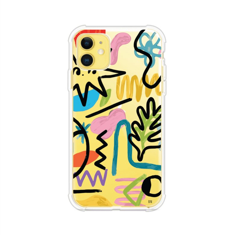 Funda con diseño de garabatos abstractos en colores vivos para iPhone. Estilo moderno y artístico. Producto de Remark Mx