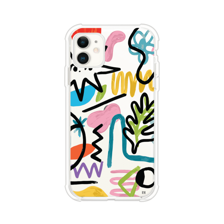 Funda con diseño de garabatos abstractos en colores vivos para iPhone. Estilo moderno y artístico. Producto de Remark Mx