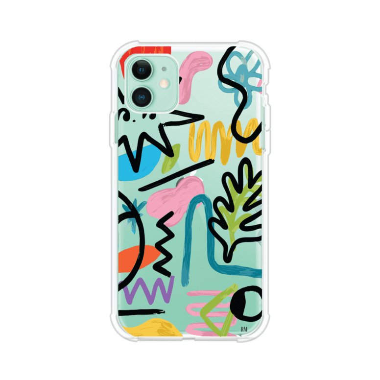 Funda con diseño de garabatos abstractos en colores vivos para iPhone. Estilo moderno y artístico. Producto de Remark Mx
