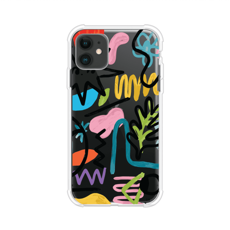 Funda con diseño de garabatos abstractos en colores vivos para iPhone. Estilo moderno y artístico. Producto de Remark Mx