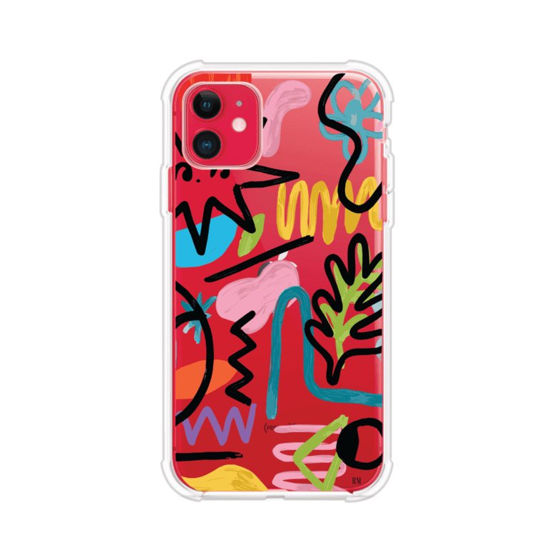 Funda con diseño de garabatos abstractos en colores vivos para iPhone. Estilo moderno y artístico. Producto de Remark Mx