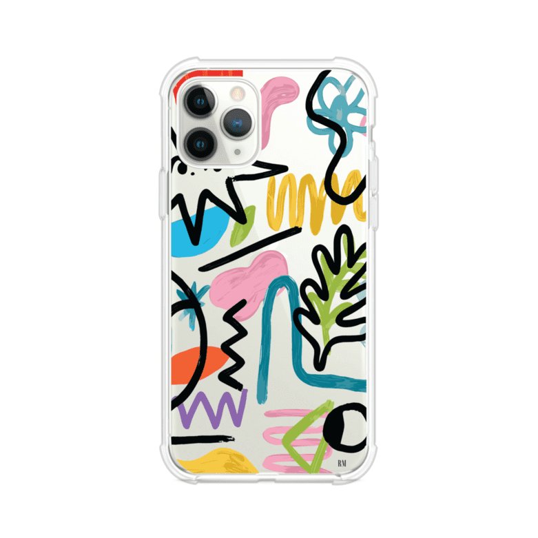 Funda con diseño de garabatos abstractos en colores vivos para iPhone. Estilo moderno y artístico. Producto de Remark Mx