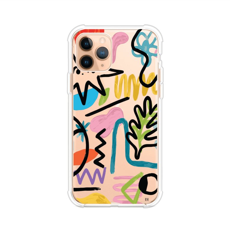 Funda con diseño de garabatos abstractos en colores vivos para iPhone. Estilo moderno y artístico. Producto de Remark Mx
